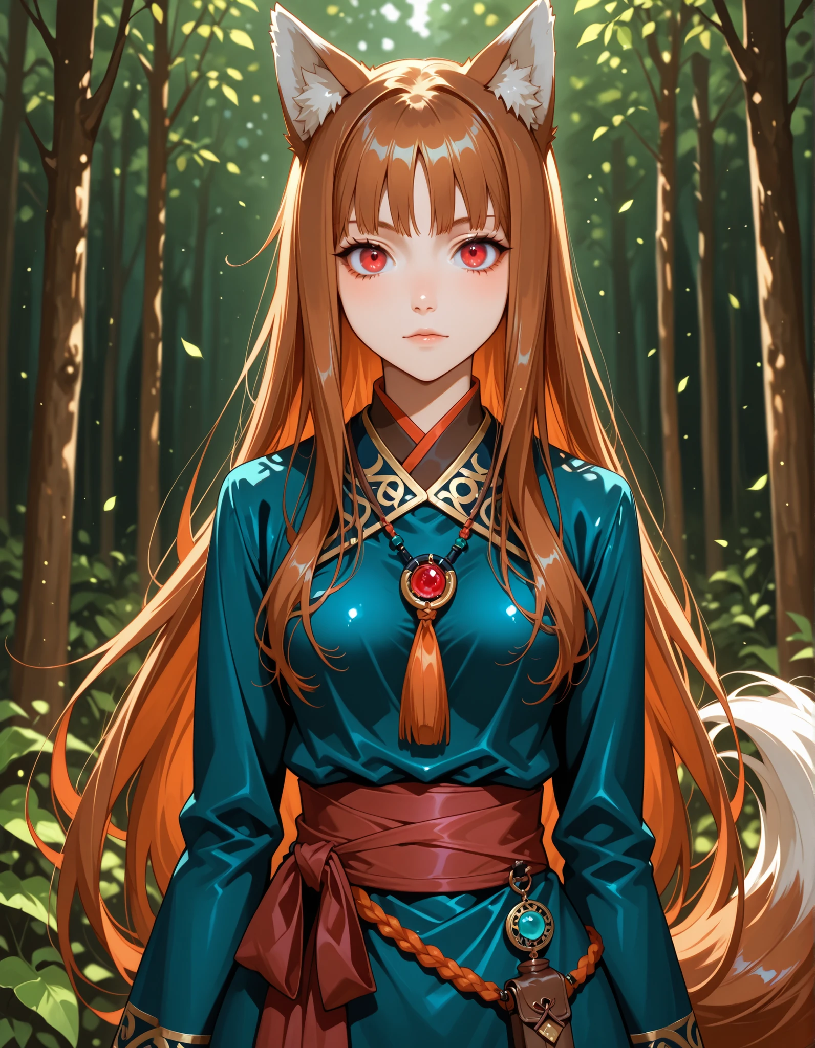 holo, wolf girl, solo, 1girl, wolf ears, long hair, solo, red eyes, ginger hair, wolf tail, animal ears, animal ear fluff,very long hair, shiny hair, brown hair,