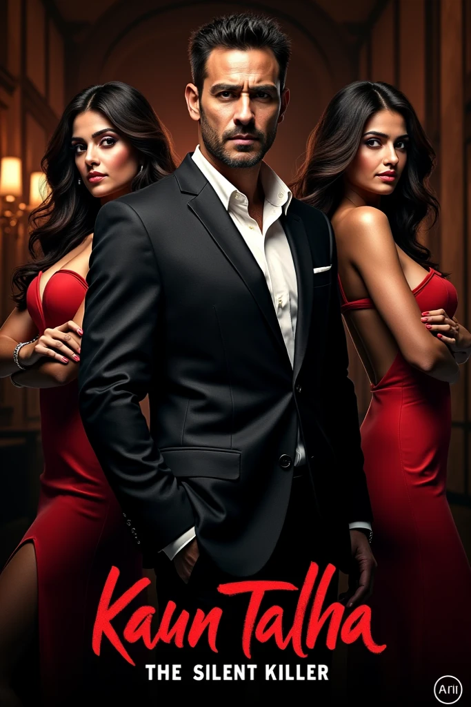 Tall and beautiful white-skinned girl with long black hair, Bright red dress that hugs her body and small waist.. At her side is a handsome, high, dark hair, Very muscular man in an elegant suit with a gun in his hand., While he is sitting on a fancy chair and the girl is behind him while grabbing him by the shoulder.In the background of the image there is a black background with red lighting around the edges and red petals in the background..