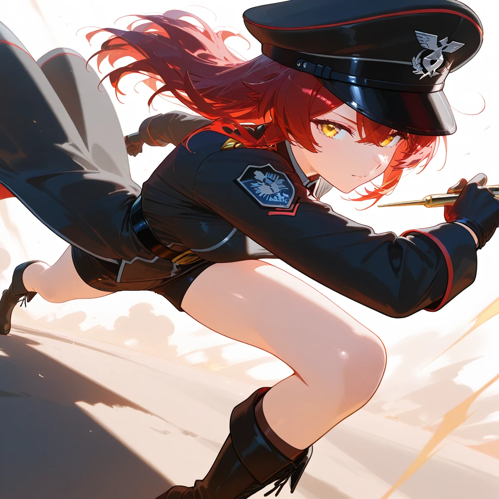 beautiful prison guard，uniform，Prison background，Sexy Wear，anger expression，nsfw，Witch hat，Hosiery，Fighting posture