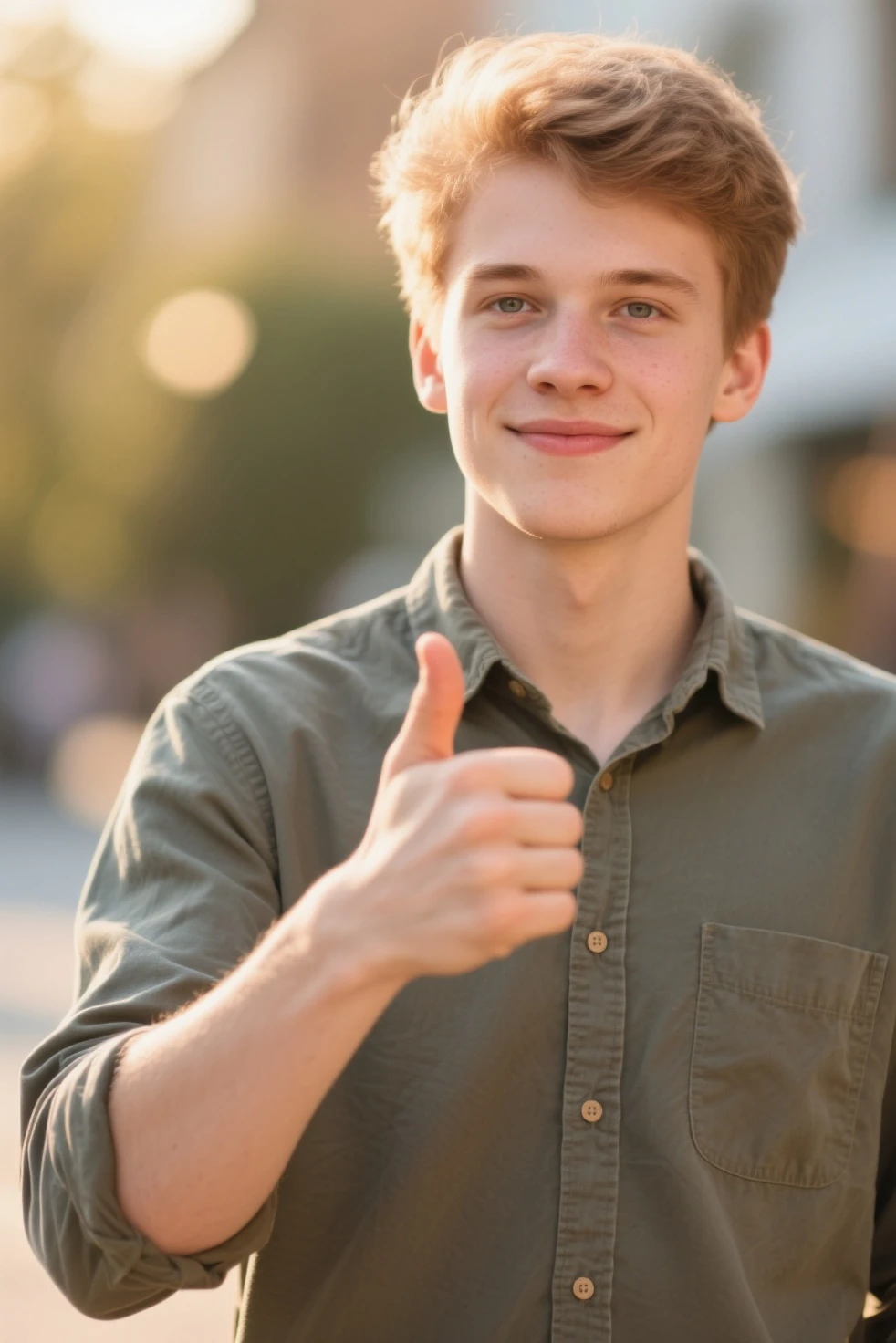 young man, <lora:L0u1sHfmn:1>, looking at viewer, blue shirt, peace sign,3/4