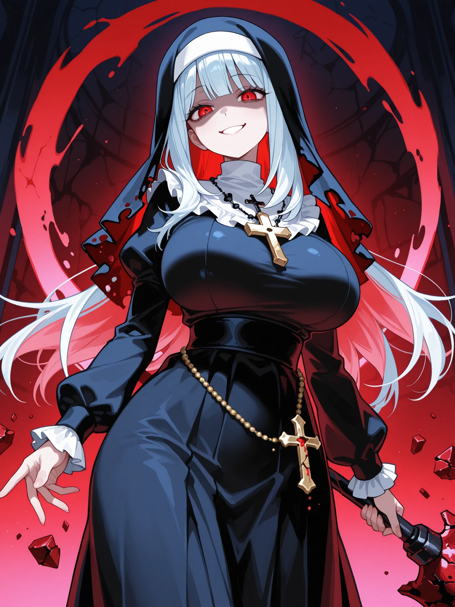 Busty nun, huge tits, macromastia, demonic energy, small demons, small goblin hypnotizing the nun, (hypnosis:1.3), inserting a dark essence into her mind, exuding an aura of corruption, ominous shadows enveloping the scene, void-like background, ethereal glows emanating from the goblin, (masterpiece:1.2), ultra-detailed, realistic, horrific atmosphere, dark and moody colors, dramatic chiaroscuro lighting.