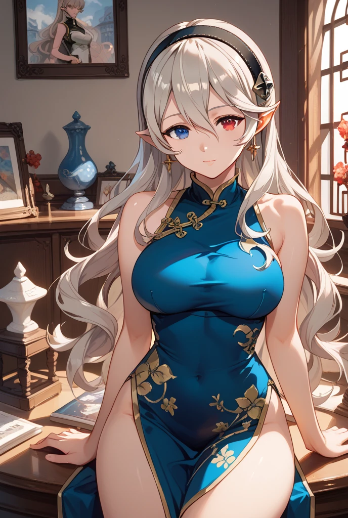 top-quality、realistic touch,high-detail、photoRealstic、Long body、captive beauty、big eye、Strong platinum blonde eyelashes、platinum-blond、full body Esbian、Sparkling eyes、Submissive smile、Flushed cheeks、Kamimei、thin-waist、Voluptuous thighs、Enraptured look、Raked bangs、The forehead is protruding、Tight chinese dress、sleeveless、Inside a room、She isn't not wearing panties、young mother with baby
