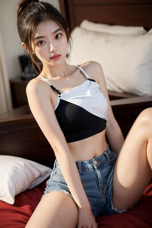 Girl posing for photo in white bra and black fishnet socks,Full body photo,legs are open,With a cropped T-shirt、brassier,Slim body,Larger bust,Slim girl model,24 years old female model,Lie down in bed,A plump chest, hair color blck and cyan, short hair