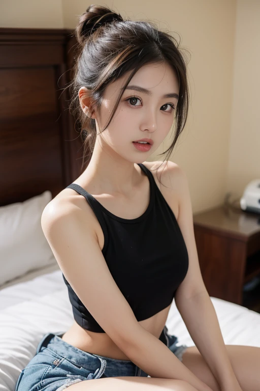 (8k, RAW photo, best quality, masterpiece:1.2), (realistic, photo-realistic:1.37), ultra-detailed,
1 girl,cute,Teenager,15 year olds,solo,detailed bedroom interior,night,sitting,(nose blush),(smile:1.1),(closed mouth),large breasts, seductive smile, large aparture, professional lighting, Sony A7R4, Zessie 50mm F1.8,
medium breasts,beautiful detailed eyes,(Tight Black croptop:1.1), Black Dolphin shorts,(Medium ponytail with strains:1.2),