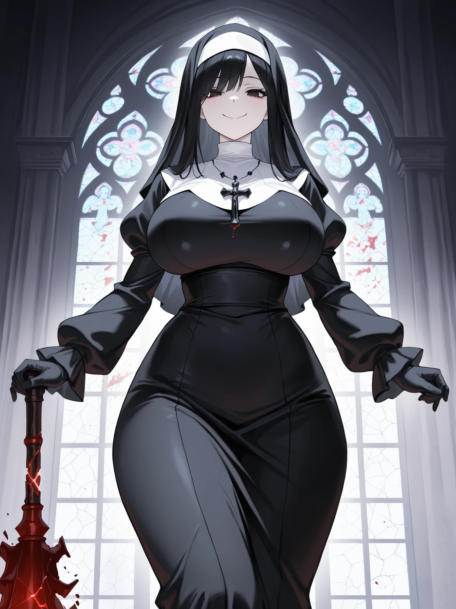 (( Highest Quality)) , ( ultra high resolution) , ( Very Detailed) , ( detailed explanation ) , (( best CG )) , ( best artwork ) , Ultra Precise Art , Amazing Painted Art , ( Exquisite Art:1 . 5) , Female Deacons, Big Breasts, Smile, Broken Vestment, broken rosary, Bloody Mace: Evil Ghost Obsessed with Her, Breaking the rules,