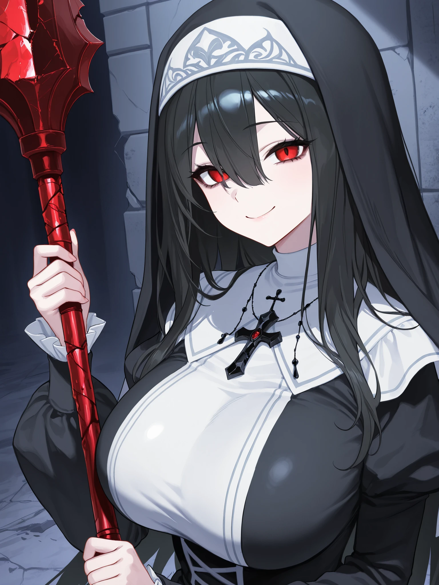 (( Highest Quality)) , ( ultra high resolution) , ( Very Detailed) , ( detailed explanation ) , (( best CG )) , ( best artwork ) , Ultra Precise Art , Amazing Painted Art , ( Exquisite Art:1 . 5) , Female Deacons, Big Breasts, Smile, Broken Vestment, broken rosary, Bloody Mace: Evil Ghost Obsessed with Her, Breaking the rules,