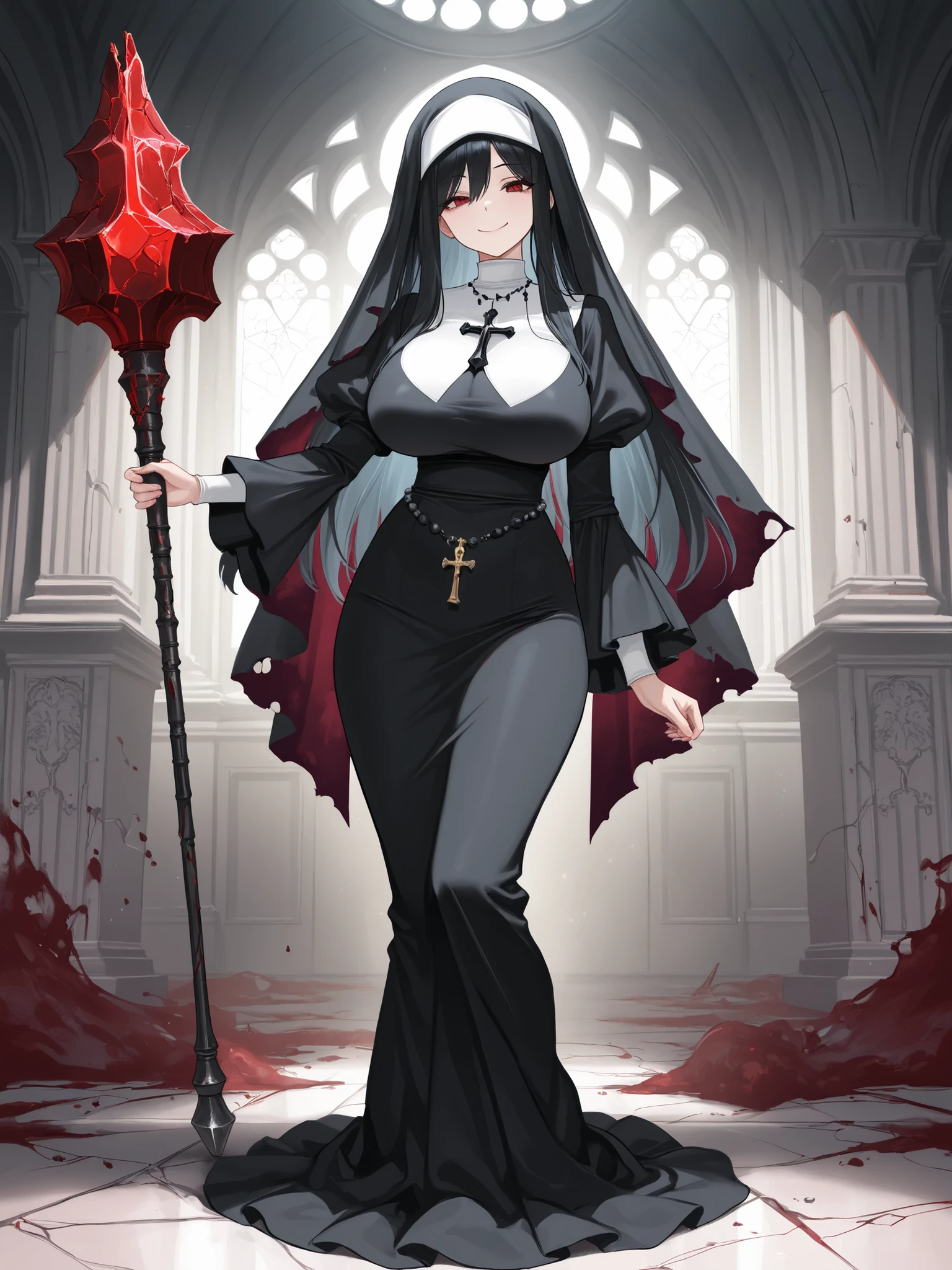 (( Highest Quality)) , ( ultra high resolution) , ( Very Detailed) , ( detailed explanation ) , (( best CG )) , ( best artwork ) , Ultra Precise Art , Amazing Painted Art , ( Exquisite Art:1 . 5) , Female Deacons, Big Breasts, Smile, Broken Vestment, broken rosary, Bloody Mace: Evil Ghost Obsessed with Her, Breaking the rules,