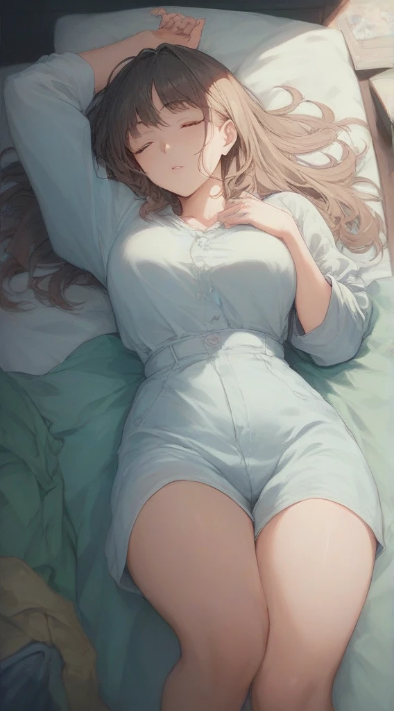 top-quality、Full limbs、complete fingers、One beautiful woman、Beautiful Large Breasts、Brown-haired woman、Women with medium hair、(((A woman wearing a navy blue one-piece school swimsuit、Woman in brown pantyhose)))、Love、a bed、((Woman in naughty pose))、((Woman lying on bed with her head on a fluffy pillow))、(((Male and female couples)))、(((Man is rubbing a woman's chest)))