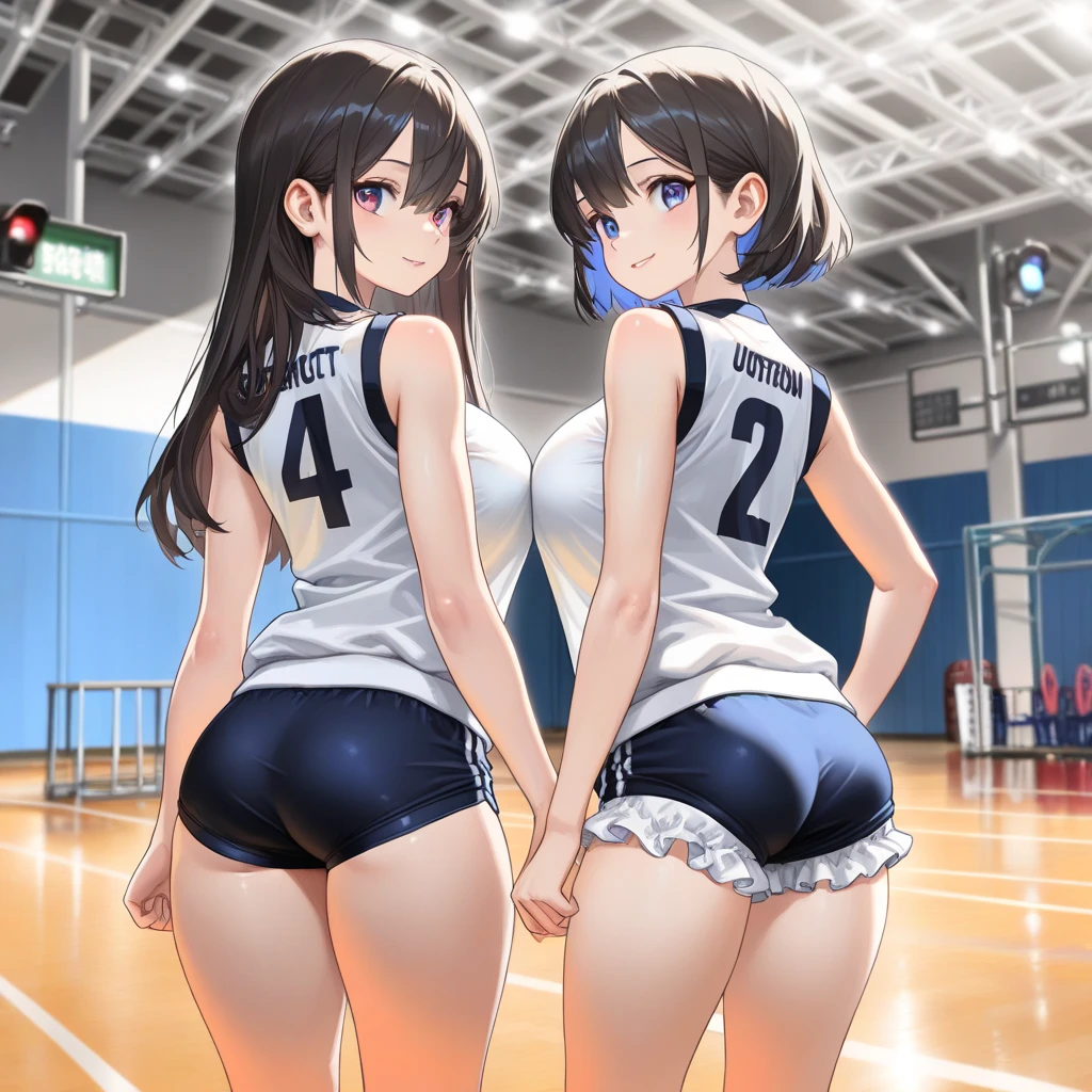 14 year old American girl, volleyball uniform, spandex shorts, volleyball jersey, at school gym, side view, small butt, innocent body, slim body