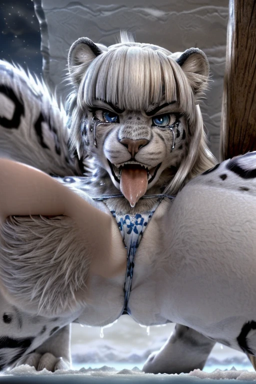anthro furry snow leopard female, nude, piercing blue eyes, big breasts, paws, four paws on the ground, animal pose, back view, high quality photography, 3 point lighting, flash with softbox, 4k, Canon EOS R3, hdr, smooth, sharp focus, high resolution, award winning photo, 80mm, f2.8, bokeh