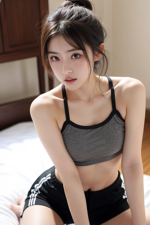 (Sit with your knees,Knees),年轻,(shortpants),A Gray Sports Bra,teens girl,Delicate body,petite body,Delicate body,small tits,tiny chest,Short,A dark-haired,Twin-tailed,poneyTail