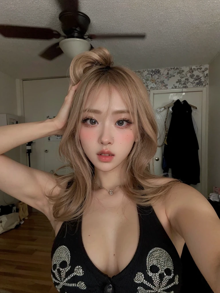 a close up of a woman with long hair and a black top, tzuyu from twice, 8k selfie photograph, her skin is light brown, korean girl, young adorable korean face, gorgeous young korean woman, roseanne park of blackpink, lalisa manobal, beautiful south korean woman, beautiful young korean woman, wan adorable korean face, very pretty face