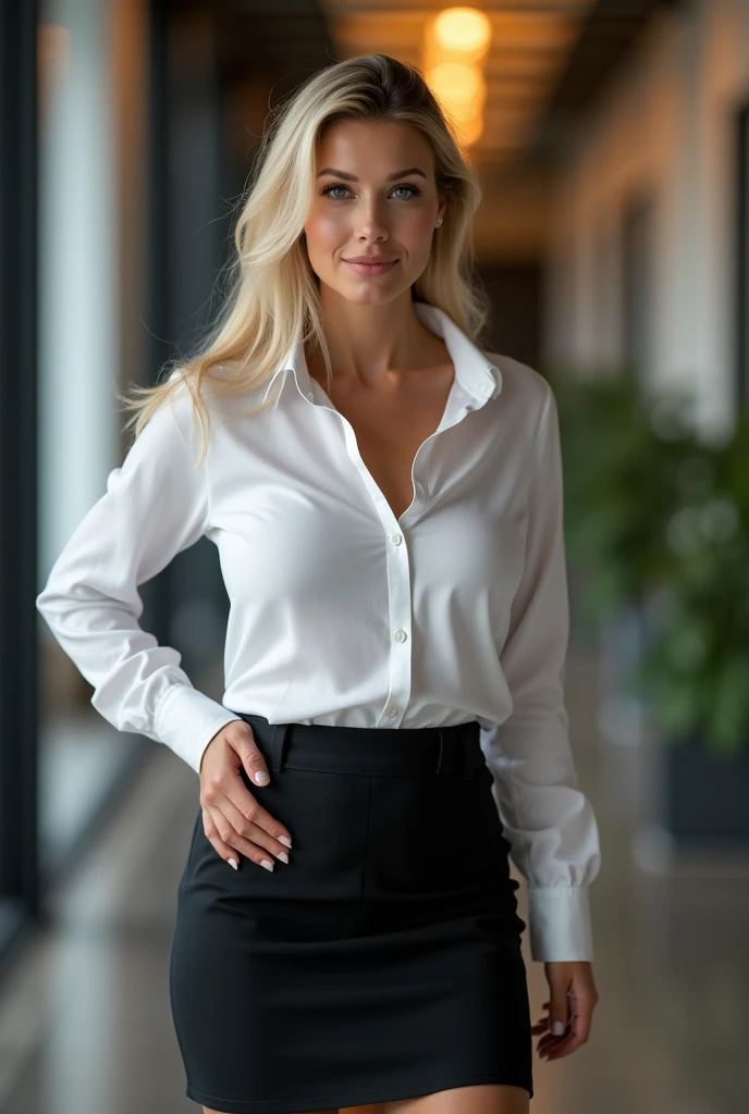 Professional, High level of detail, Full body photo of blonde (attractive 45yo woman:1.3), (classy stylish bob haircut)1.3, (neon gray-colored tight opened shirt)1.4, (rolled up black skirt:1.3), (black stockings), 1.455,natural lighting, (seductive:1.1), (blushing:1.1 ), (classy, elegant, dandy)1.2, (big natural breasts)1.2 (pokies)1.3, (no bra, perky nipples:1.3 )1.2, (toned body, hourglass body shape) (wipe hips) (toned thick thighs), (full body with visible face and eyes)1.5, bending over a desk, (presenting her firm ass to camera)1.5