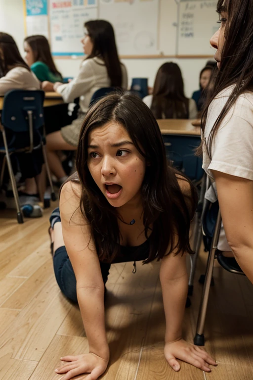 Muslim young woman lying on the floor in a highschool classroom, pants off, panties