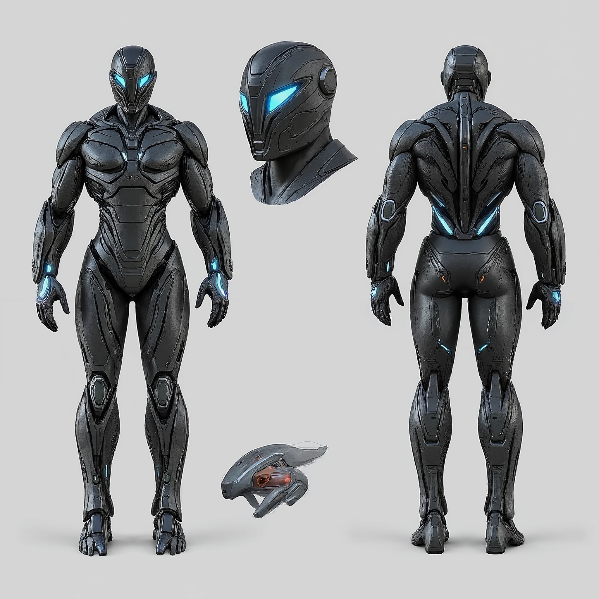 Generate an image of a futuristic full body male nanotech suit designed for an anti-hero. The suit should predominantly feature a sleek black color with a mechanical demon wings with thrusters, fierce helmet covered with hoodie, glowing blue eyes and blue LED lighting. Incorporate organic high-tech armor details with jet boots that suggest advanced technology and functionality. The design must include a mechanical retractable titanium hoodie that enhances the overall futuristic look. Aim for a balance between elegance and intimidation in the suit's silhouette and structure. 8K, high quality, white background