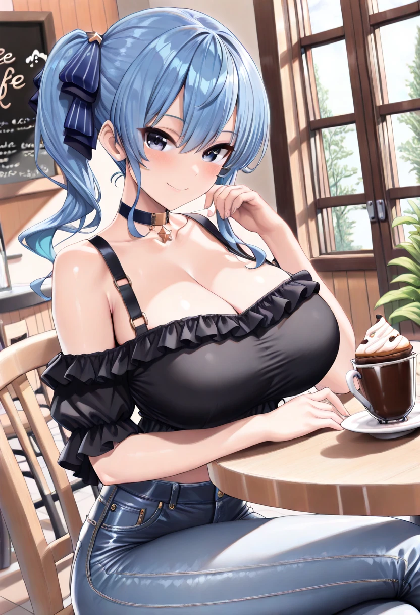 perfect body, sensual cleavage, medium breasts, black suit, Girl eating ice cream in a sensual way, Ultra HD, 4k image, view of the character from above, best image quality, (fidelity: 1.4), light green globe eyes, eyelashes, pupils beautiful, shadows, slight blush, delicate facial features, reasonable facial features, bare shoulders exposed, waist exposed