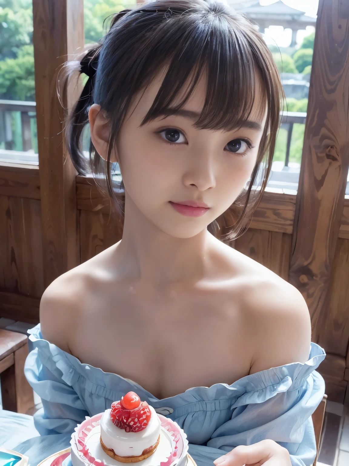 close-up face,((hotel)),Lots of blue long dresses,One person girl,masterpiece, Best Picture Quality, High Quality, beautiful woman in silya room, details, details eyes, details skin, beautiful skin, 超high resolution, (reality: 1.4),とてもbeautiful woman in silya room, A little younger face , beautiful skin, slender, (ultra-realistic photo), (high resolution), (8k), (Very Detailed) (Beautiful eyes with attention to detail), (超details), ( details face), viewers close to Japanese temples, 細かいdetails, details face, bright lighting, professional lighting, black hair,poneyTail,a babyface,,your hairstyle is a ponytail,long ponytail hairstyle,Slight Smile, neat clothes ,Beautiful 日本語 KPOP idol photo, hairstyle is a ponytail, my eyes are double wide open, babyface, smiles and looks straight ahead, slender, small breasts,blue ribbon on head, tables、(( sweets、 cake))