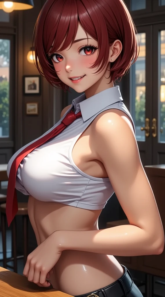 (masterpiece, computer, mejor quality, Clear focus, shadow, anime style, Ultra High Resolution, 8K, Perfect Anatomy, rostro perfecto, (detailed face), ( Detailed eye ), score_9, score_8_up, score_7_up, score_6_up, score_5_up, score_4_up, source _Animated, Label 1, Label2, quality_masterpiece, anatomically correct, beautiful face, rostro perfecto, Beautiful and highly detailed face and eyes, Attractive face, detailed face, delicate facial features, detailed leather, huge breasts, breast size cup D or DD, caderas anchas, gigantic butt texture, thick thighs. Anime style illustration with a charming sensual appearance and appearance of Attractive of athletic and toned build. Short and messy deep red hair, modern hairstyle with volume. Intense red eyes, confident and seductive expression, slightly open lips showing a sly smile. She wears a tight bright white blouse, an elegant red tie. Black leather pants with a belt with an ornate buckle. The blouse is short, revealing her muscular abdomen. Interior background of a bar at night, soft natural lighting, ultra detailed digital art style, focus on realistic skin textures, hair and clothes .