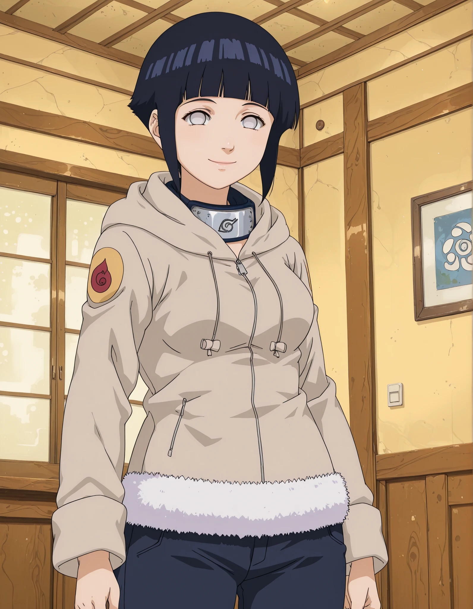 hinatagenin, anime, hinata hyuga, short hair, white eyes, bangs, blunt bangs, medium breasts,, long sleeves, pants, hood, konohagakure symbol, fur trim, jacket,, indoors, smile, looking at viewer, solo,, cowboy shot, dutch angle
