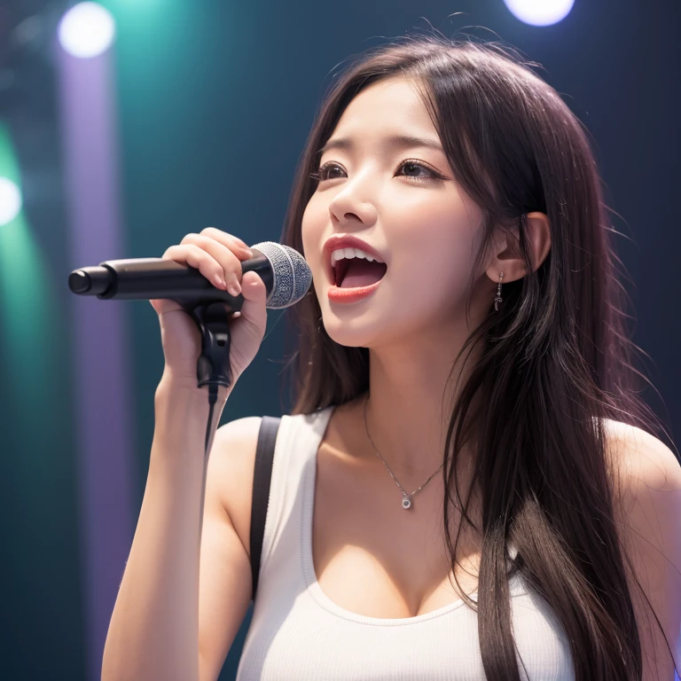 NSFW、masterpiece、最high quality、high quality、high quality、premium quality、wonderful品質、Exceptional quality、excellent quality、Luxurious quality、excellent quality、best image quality、8k、super resolution、最High resolution、High resolution、最high quality、Rich shades、shining quality、crystal clear、realistic images、perfect details、Image without defects、clear image、wonderful表示、bright colors、deep contrast、high fidelity、amazing clarity、optimal performance、Erm image、realistic、wonderful、perfect image、Close to reality、Realistic human body in every detail、Realistic skin in every detail、Realistic face in every detail、Realistic eyes in every detail、Realistic lips in every detail、Realistic teeth in every detail、Realistic ears down to the last detail、Realistic hair down to the last detail、Realistic arms down to the last detail、Realistic reproduction of every detail、Realistic fingers in every detail、(fine hands、thumb1reference4)、Realistic feet in every detail、pretty girl、beautiful girl、attractive girl、attractive young woman、wonderfulティーンエイジャー、adorable girl、Shining Girl、innocent girl、sweet girl、beautiful adolescent girl、cute young woman、 the girl who captures your heart、dazzling girl、elegant girl、((japanese model))、((18-year-old))、(black hair)、(straight hair)、((whole body))、((Upward beautiful 、Medium chest))、(slim style、slender style)、(whole body光沢肌、Fair skin)、Detailed and realistic human body、detailed realistic skin、detailed realistic face、detailed realistic arms、detailed realistic fingers、Detailed realistic feet、(professional lighting)、((big stage venue))、((large concert venue))、(on stage)、((Idol))、((singer))、((Rainbow-colored transparent see-through(stage costume with frills))、(((on stage(microphone1have、Sing enthusiastically)))、(whole body映像)、angle from below、(Lots of galleriarge audience)