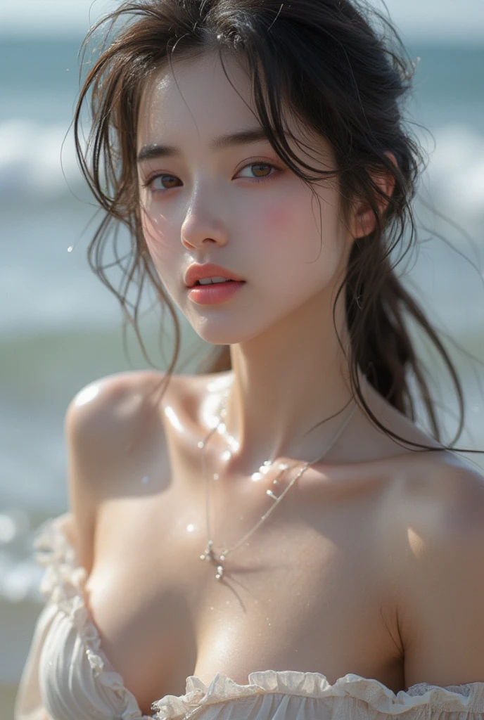 (((best quality))),(((ultra detailed))),(((masterpiece))),illustration,((1 beautiful girl,solo)),((slim,thin,flat chest)),(shoulder length straight bob hair:1.2),flowing hair,fair skin,(shiny skin:1.3),detailed eyes,laughing,(strapless bra:1.3),delicate necklace,grass,dewdropletts,trees,bird chirping,serenity,gratitude,awe,wonders of nature,peace,contentment,magnificent world,summer,(pitch-dark dawn:1.5),(night scene:1.3),((from front)),after rain,(wet:1.3),standing,on the path,At the mountaintop,confident gaze,elegant posture,mysterious atmosphere,solemn mood,dawn approaching,detailed decorations,(sunrise:1.3),(cloudy sky:1.2),rainbow,(Rural Landscape:1.2),horizon,(close-up of face:1.3)