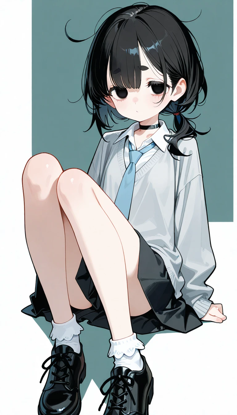masterpiece、Highest quality、Very detailed))、One girl、Black Hair、Black Hair、Medium Hair、Wavy Hair、blunt bangs、Grey Eyes、evil smile、((Grin))、((lots of piercings))、((Small breasts))、((White collared shirt))、((A bow tie))、((gray sweater vest))、((gray plaid skirt))、((white buggysocks))、loafers、((squatting))、Take a picture from the side、Classroom Background