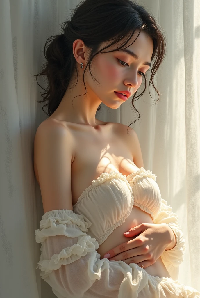 ((Highest quality, 8k, masterpiece: 1.3)), sharp: 1.2, Perfect Body Beauty: 1.6, ((Layered Hairstyles, Big Breasts: 2.0)), (white lace dress: 2.0, Off-the-shoulder dress: 2.0, Dresses with visible breasts: 2.0), ((long hair: 2.0)), ((necklace)), Earrings, ring, Bracelet, Hair Accessories, ((Beautiful young teenager woman)), ((Straight nose)), (Eyeliner), Armpit Hair, Bristles, ((White and beautiful skin)), Wavy Hair, Beautiful attention to detail, Super detailed, Highly detailed face and skin texture, fine grain, double eyelid, Black Hair, Big Ass, Lower Body, Thighs, (((Skinny))), Wet and shiny lips, smile, Get a grip on your body, ((Anatomically correct human body)), ((Crisp body shape)), Ribs, clavicle, Protruding skeleton, A face without nasolabial folds, Shyness, Thin eyebrows, Big eyes, (shoot from side: 1.0), (Narrow shoulders: 2.0), (Smile: 1.0), (Place your hands on your body: 2.0), (Number of fingers is 5)