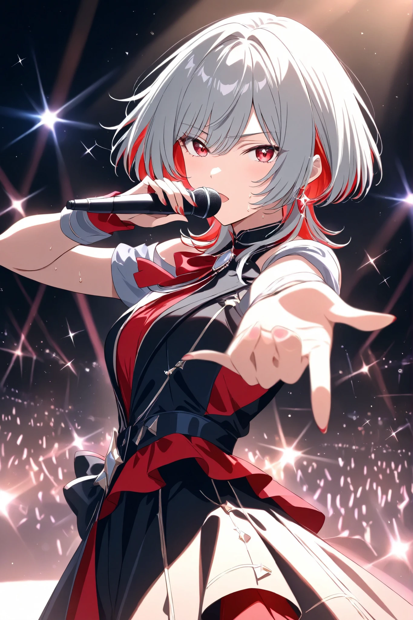 anime, masterpiece, best quality, 4K, solo, full-body, mature female idol on stage, gray hair with red mesh highlights, red inner color, wolf cut hairstyle with sharp layers, side locks framing her face, sharp and calm eyes, composed and cool expression, stylish and elegant idol outfit, holding a single microphone with one hand close to her mouth while singing, standing confidently under the spotlight, sweat glistening on her skin, vibrant stage lights, audience watching in admiration, serene yet energetic atmosphere