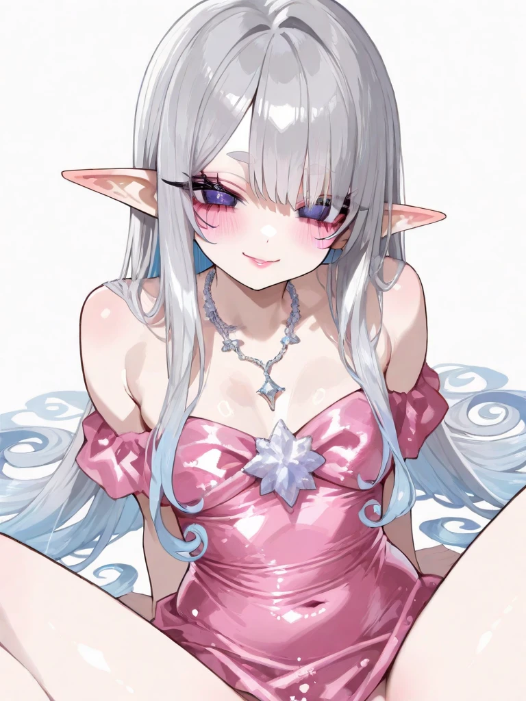 NSFW,Front view,Squatting,Spread legs,lovejuice Dripping from the crotch,Collar, Love hotel room,(Heavy breathing,saliva,blush, sweat, Sweaty and wet all over,Steam,)cum dropping pussy,(Show off your crotch by opening your crotch in a crouching posture,)pov, Looking at Viewer,((1girl,Solo, Long hair, Purple eyes, head fins, Grey Hair, Blue hair, multicolored hair, Small breasts, Blue Dress, Detached sleeves, sleeves past wrists, tiara,))arms behind head,