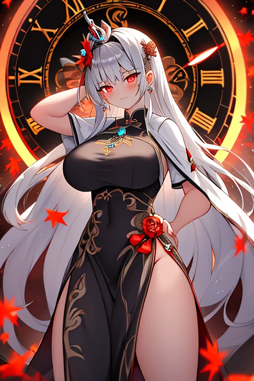 One girl, ((tits out: 1.0)), ((Hi-Res)), ((masuter piece)), ((Best Quality)), (Very detailed)), Large file size, fulcolor, long white hair, Red Eyes, (eye line), Black rose pattern, Kimono,
