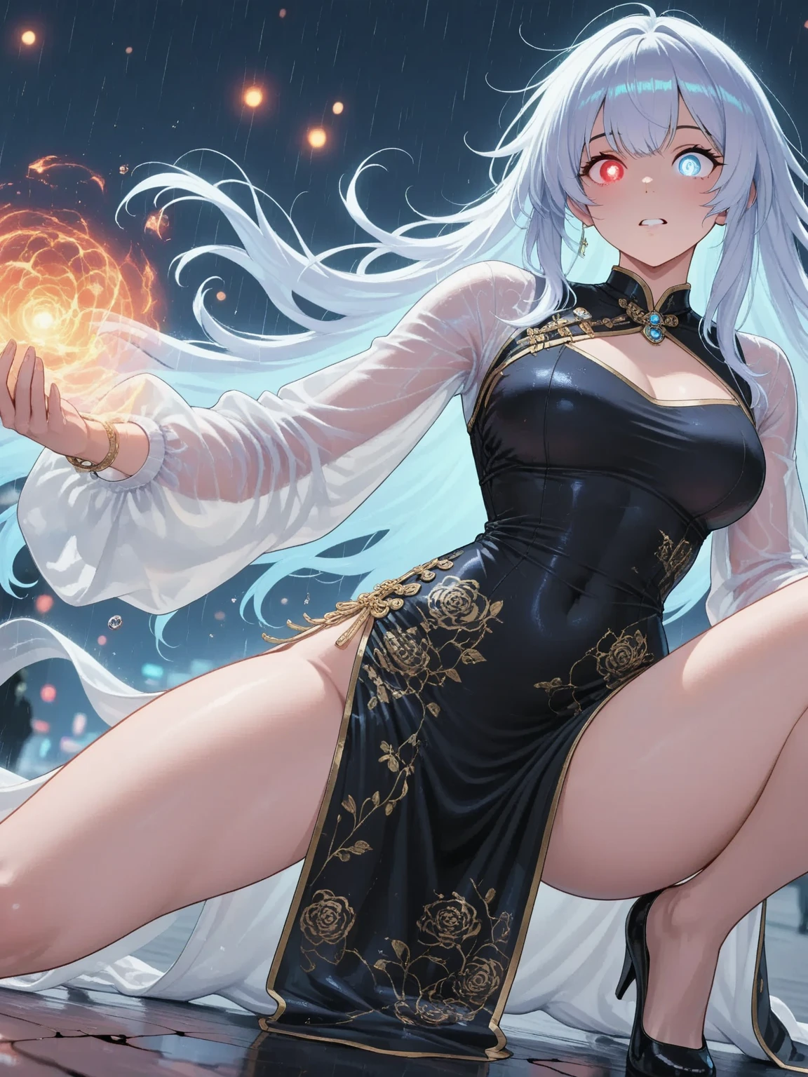 Adult woman, very long white hair, turquoise eyes, red lipstick, Chinese Dragon horns, dragon tail, claws, fire magic, water magic, lightning magic, white tight pants, green Chinese dress, long sleeves, golden elements, open breasts, open belly, wide neckline, Dragon Goddess, Masterpiece, best quality, Full HD, 8k, ultra details, great graphic