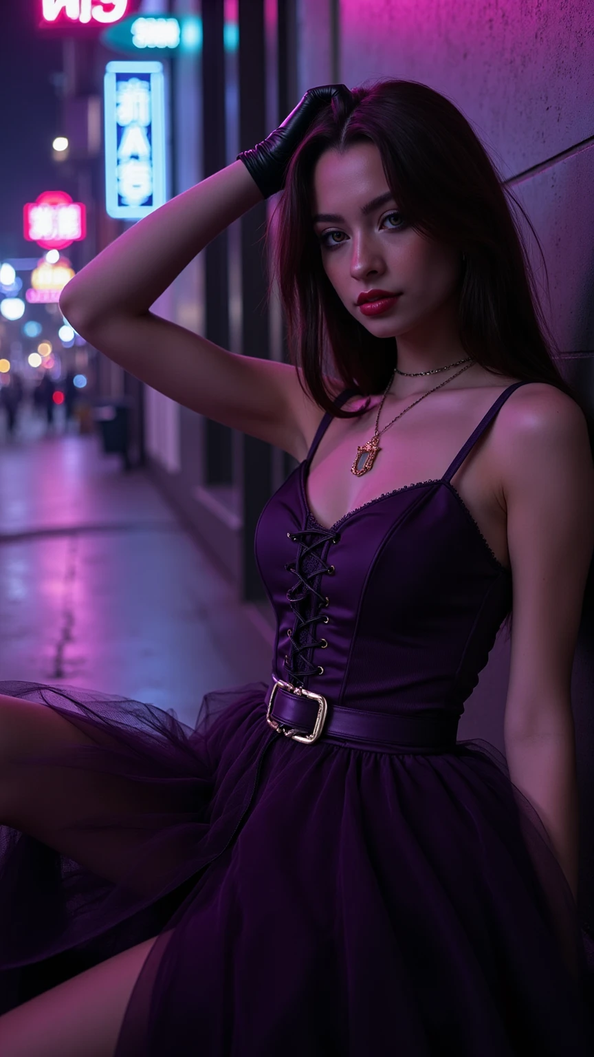 21 years old young woman with dark brown hair, Masterpiece, (((intricate purple dark with hole dress standing in nightclub cinematic with audience, photography))) soft lighting, colors, very detailed, dramatic lighting, digital art trending on Artstation 8k HD high definition detailed realistic, detailed, skin texture, hyper detailed, realistic skin texture, armature, best quality, ultra high res, (photorealistic:1.4), high resolution, detailed, raw photo, sharp re, nikon d850 film stock photograph 4 kodak portrait 400 camera f1.6 lens rich colors hyper realistic lifelike texture dramatic lighting unrealengine trending on artstation cinestill 800, (((accurate female anatomy, perfect eyes))) (((500px, fstoppers, photosight.ru, metart, iso noise))) (((SFW clothes))) she is looking at the distance, not lookign at the camera