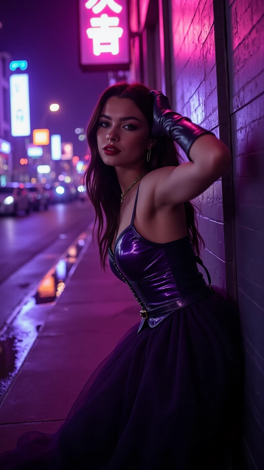 8K, masutepiece, Raw photo, top-quality, Photorealsitic, Highly detailed CG Unity 8K wallpapers, depth of fields, Cinematic Light, Lens Freshi, Ray tracing, (extremely beautiful face, Beautiful lips, Beautiful eyes), Faces with intricate details, (super-detaild skin), 1 girl, Dark, In the deep shadows, beauty Ukrainian girl, Ukrainian model, one male individual, (Very fit and muscular body:1.3), (gaze at the audience), (Great tenacious appearance:1.3), (sleeveless), (Fashion City at Night, a dark night, neon signs, Blurred background), Fashionable street night, (No people behind:1.3), Beautiful earrings, A bracelet, choker necklace, pantyhose, Clear eyes, Walking, (pale-skinned), (Big eyes), Face forward, (upperbody shot), (silk color dresses:1.3), (Blonde hair), (Tight and lace dresses), (cleanness), (gaze at the audience:1.3) Open chest, Very thin, Medium-sized breasts, Do not turn away, (rear shot), cleanness, medium-sized buttocks,.