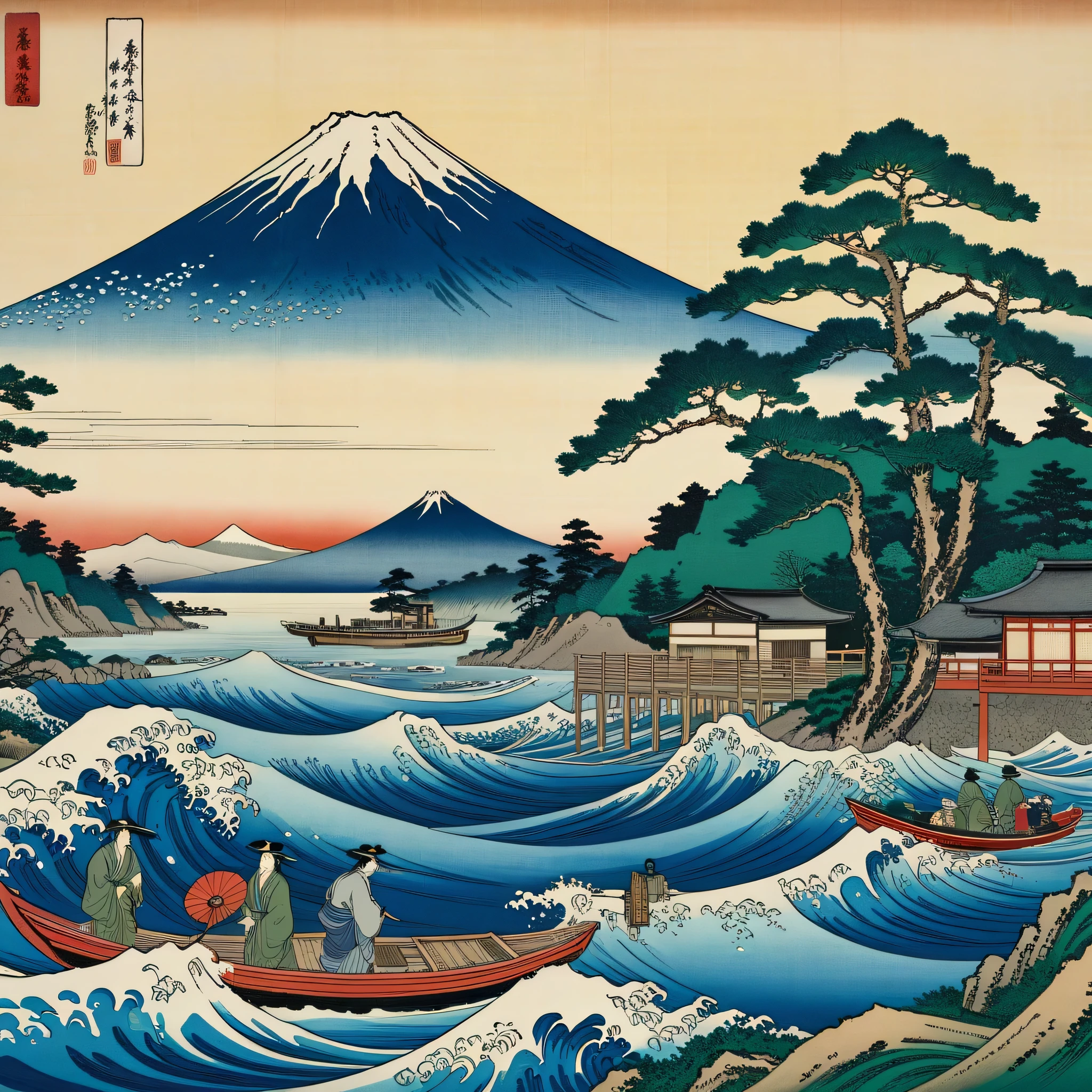 famous ukiyo-e prints, Part of the "Thirty-six Views of Mount Fuji" Katsushika Hokusai's series, Mt. Fuji is depicted in the background, stylized、stand out, traditional Japanese ships are drawn in the foreground, fishermen are on a boat, paddling dynamic blue waves, Trees 々and small houses々coastline, Clear Skies, a lively scene, Natural Outdoor Setting, harmonious blue color palette, green, and cream,  traditional Japanese art style , Historical、cultural scene