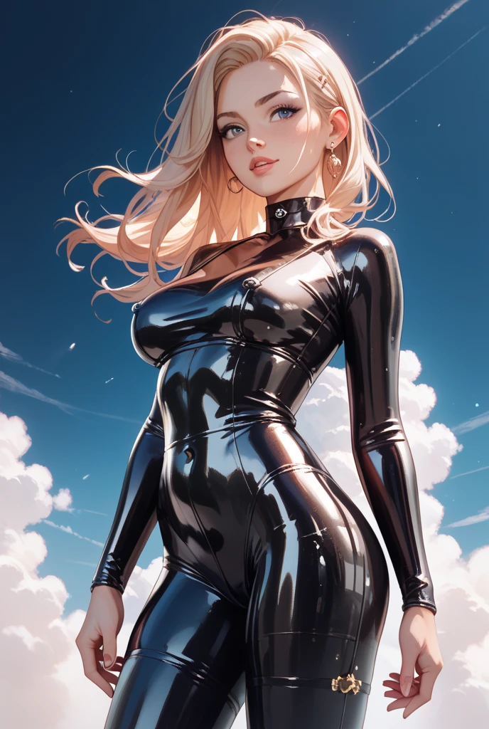 girl, body fit latex suit, blonde, blue eyes, Hyper Realistic, masterpiece