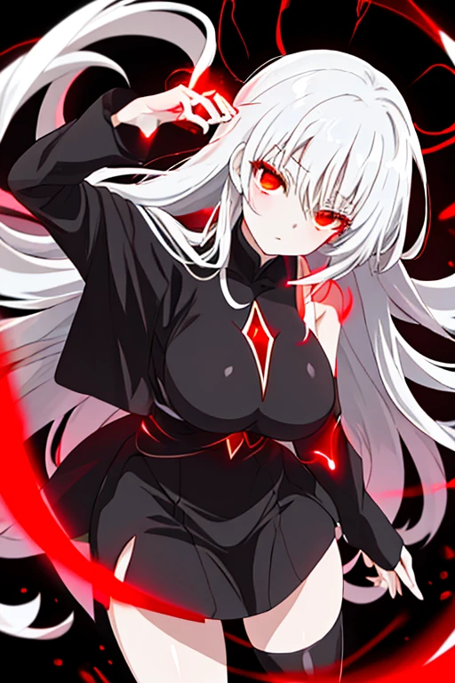 masterpiece, best quality, 1girl, <lora:darkSakuraFateStay_v1:0.7>, dark sakura, long hair, black dress, red ribbon, large breasts, classroom