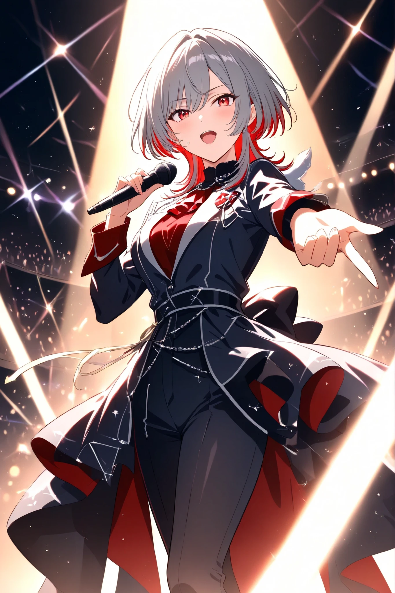 anime, masterpiece, best quality, 4K, solo, full-body, mature female idol on stage, gray hair with red mesh highlights, red inner color, wolf cut hairstyle with sharp layers, side locks framing her face, sharp and calm eyes, composed expression, elegant and cool idol outfit, holding a single microphone with one hand and singing, spotlight shining on her, standing confidently under stage lights, sweat glistening on her skin, crowd watching in admiration, soft glow and lighting effects, serene yet energetic atmosphere

