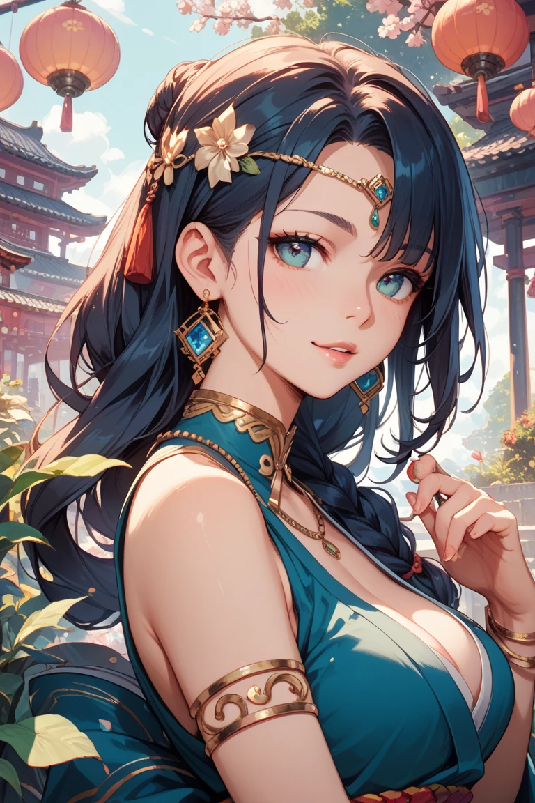 A DJ Buddha mixing music outside a temple on the beach next to a young tantric priestess in loincloth with tattoos and percings Photo Realistic --auto
