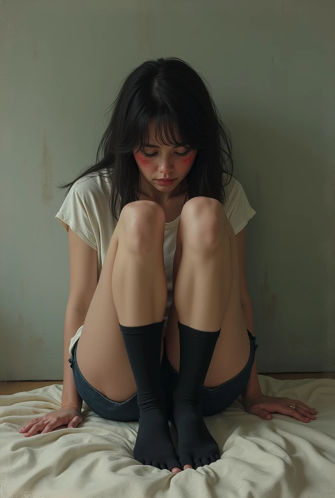 (close-up:1.2) analogue photography, Zyggdrasilp SG, (looking at viewer:1.3), (hands behind head:1.2), knees together feet apart, sitting, panties, pantyshot, BREAK (yellow half-up hair:1.2), BREAK simple dark background BREAK , <lora:epiNoiseoffset_v2-pynoise:0.7>, <lora:weight_slider_v2:0.4>, <lora:LowRA:0.3> <lora:kneestogetherfeetapart:1>