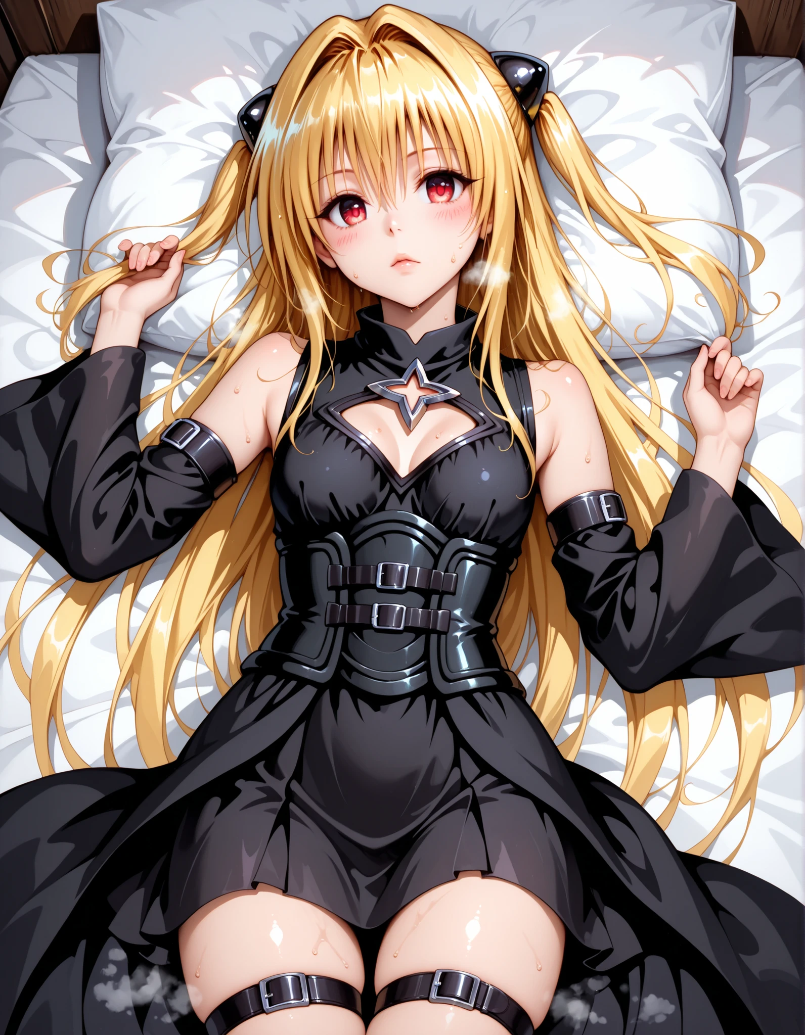 1girl, solo, yami, to love-ru, to love-ru darkness, konjiki no yami, red eyes, blonde hair, long hair, two side up, sidelocks, hair intakes, hair ornament, small breasts, dress, black dress, sleeveless, sleeveless dress, clothing cutout, cleavage cutout, detached sleeves, wide sleeves, belt, black belt, black skirt, high-low skirt, leg belt, lying, on back, looking at viewer, blush, expressionless, bed sheet, sweat, steam, steaming body, on bed