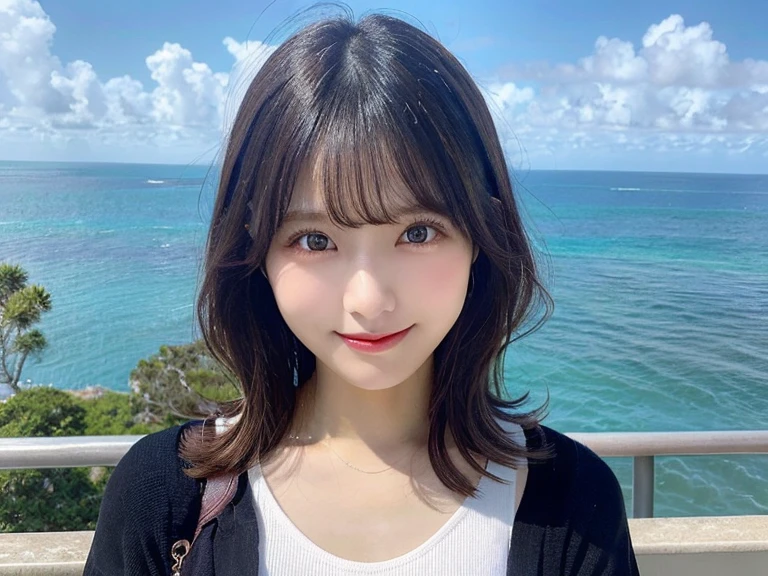 (8k, RAW photo, highest quality, masterpiece:1.2), Super detailed, ultra high resolution, (realistic, photo realistic:1.37), portrait, High resolution RAW color photos, professional photos, very delicate and beautiful, very detailed, 8k wallpaper, wonderful, finely, huge file size, official art, very detailed CG unity 8k wallpaper, very detailed beautiful girl, very detailed face, very detailed eyes, very detailed skin, very detailed fingers, very detailed nose, very detailed mouth, perfect anatomy, very detailed背景, very detailed clothing, 1 girl, (20-year-old:1.2), cute girl, famous japanese idol, cute, realistic body, shiny skin, good figure, blonde, medium hair, (dull bangs:1.2), smile, cute, young, cute face, realistic face, detailed and beautiful eyes, droopy eyes, (T-shirt, Ocean:1.4),(From bloomers) (hair ornaments:1.2), facing the front, standing posture, huge breasts, big breasts, close up shot,
