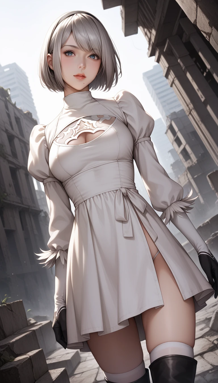 1girl, solo, android, wearing a futuristic designed silver short pencil skirt dress with thigh-high white leggings, and white shoes with heels. steel grey eyes, (((short brown hair))). android seam lines. The dress has some ((hexagonal patterned cloth)), (((Polyurethane leather))) and ((Electro Luminescent Wiring)), standing, smiling expression, confident pose, futuristic city in background.