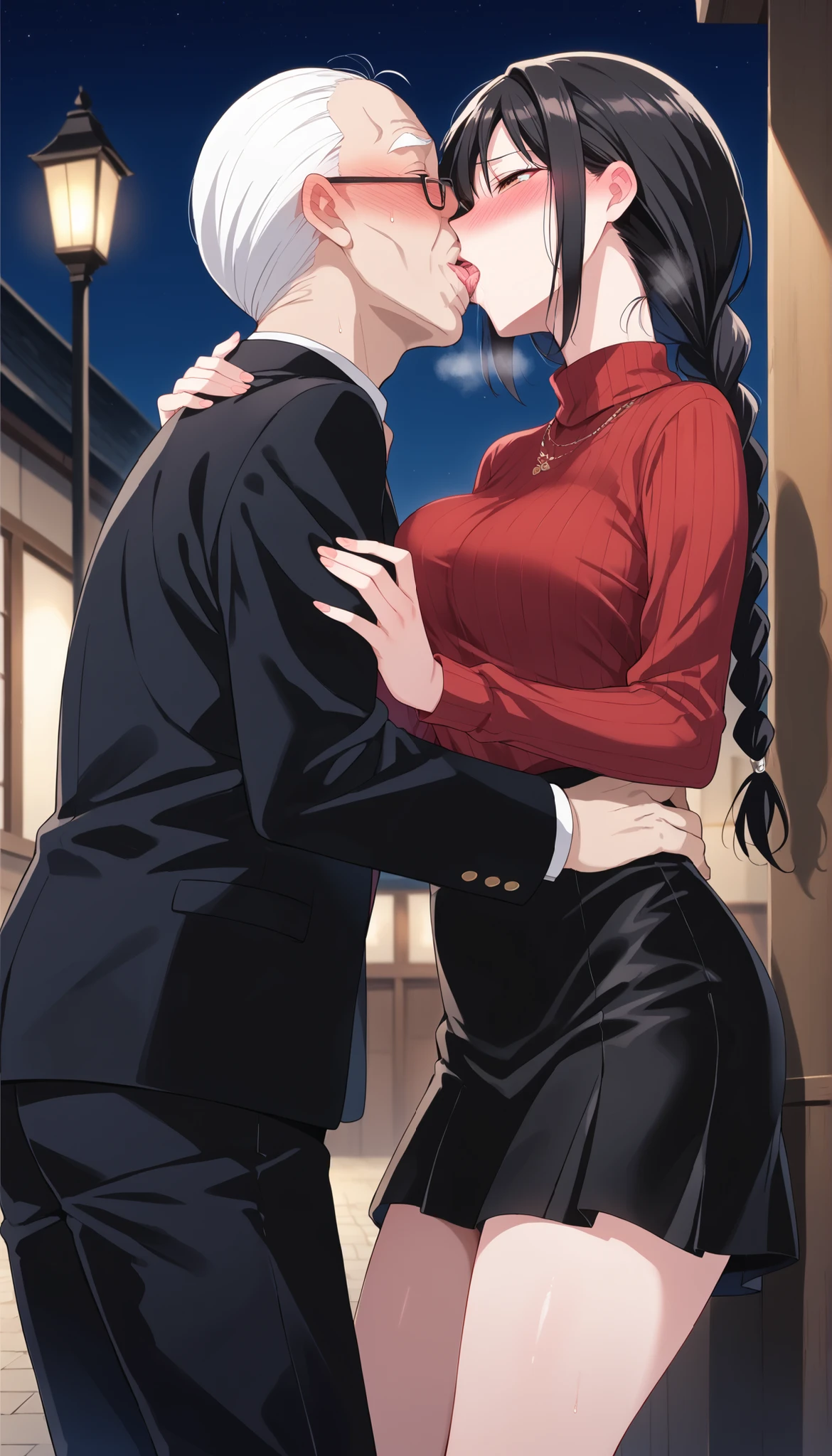 ((( having an affair with an old man))),(((French Kisses))),(((are ashamed))),black hair,braids,black glasses,red knitted sweater,black skirt,Outdoors,medium breasts,(((blush))),Ulchan-6500-v1.1, ( RAW photos :1.2), beautiful detailed, very detailedな目、beautiful eyes on my stomach,beautiful eyes,Brown Eyes , Large File Size, high resolution, very detailed, Highest Quality, [masterpiece:1.6], Awareness-raising, very detailed, CG, finely, Highest Quality, 8K wallpaper, perfect body shape、very detailed,Breathing