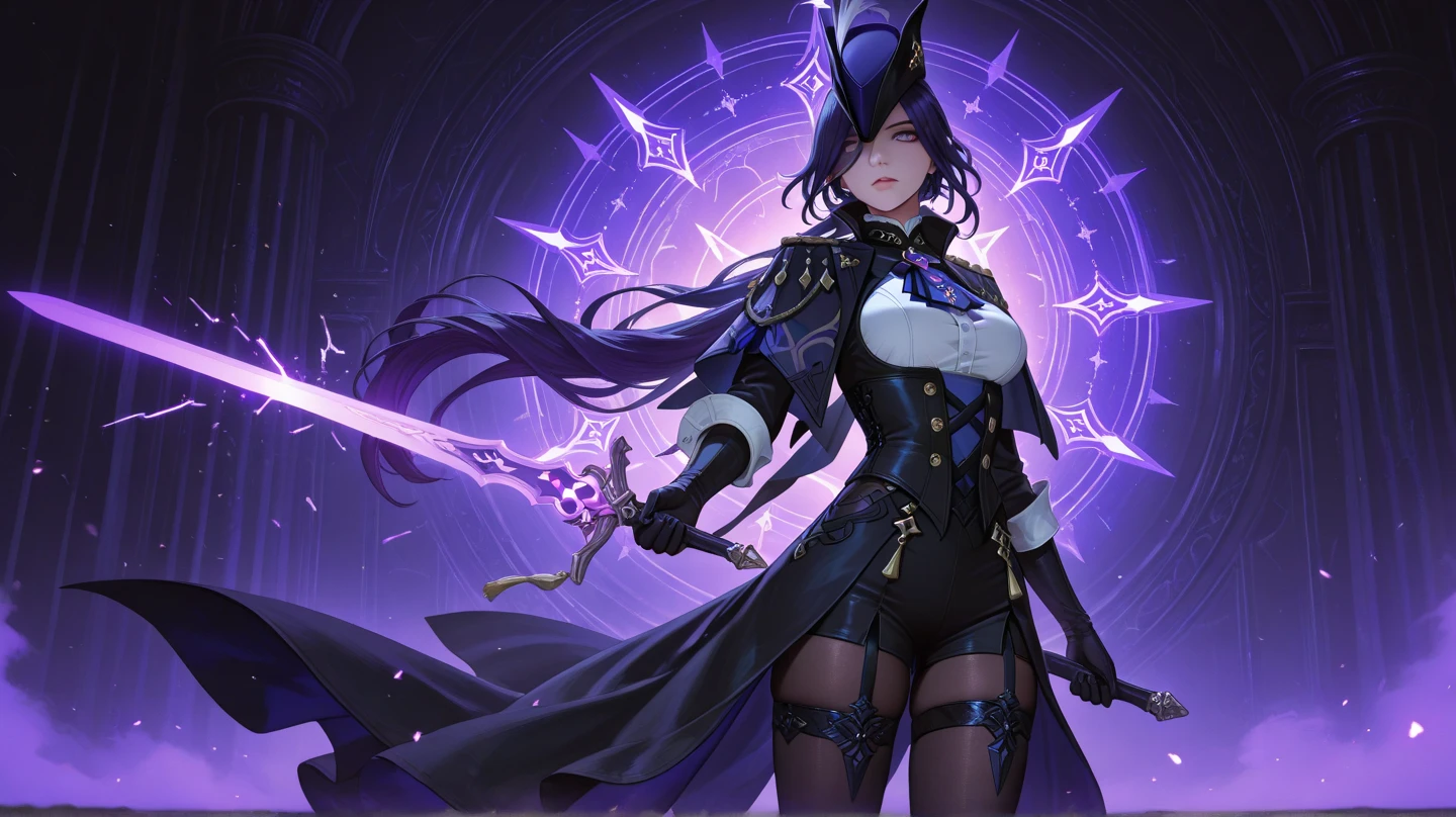 1girl, witch attire, pointy hat, purple hair, short hair, lipstick, purple eyes, blue fire, blue flames, wallpaper, landscape, depth of field, blood, blood splatters, night, light particles, light rays, sidelighting, thighs, open jacket, skirt, thighhighs, hand on hips, finger on lips