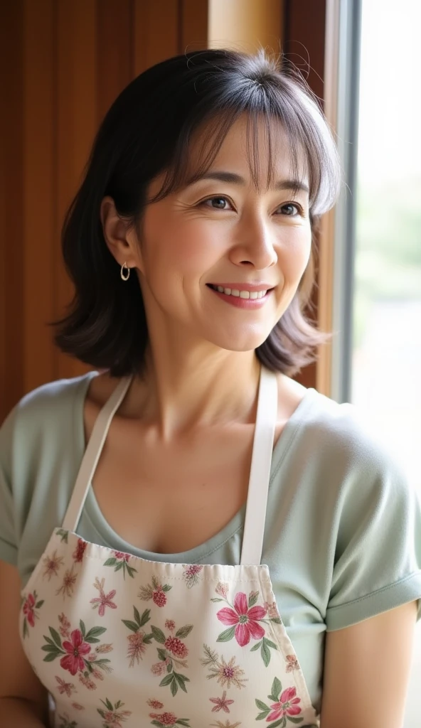 8k wallpaper, masterpiece, Highest quality, Super detailed, One Mature Woman, 50 years old, Become very clear, Wearing a short-sleeved blouse, Skin dents, Captivating smile, Looking at the audience, , plump, Curvaceous, Fascinating face, Smiling with teeth showing, Wrinkles around the eyes, Sit at a coffee shop, Background Blur