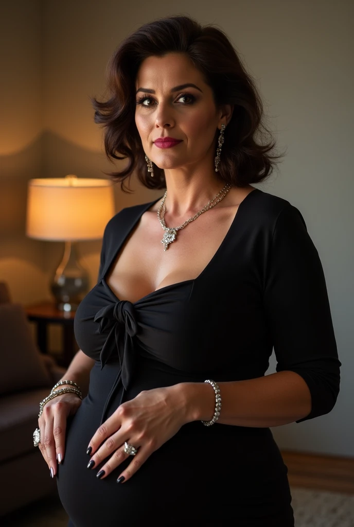 NSFW,fullnude,Portrait of a 60-year-old woman with short brown hair, a captivating gaze, Brown eyes, Wrinkles on her face, Black pantyhose,high heels boots,Revealing her large sagging breasts, Light makeup and red lips. 32K