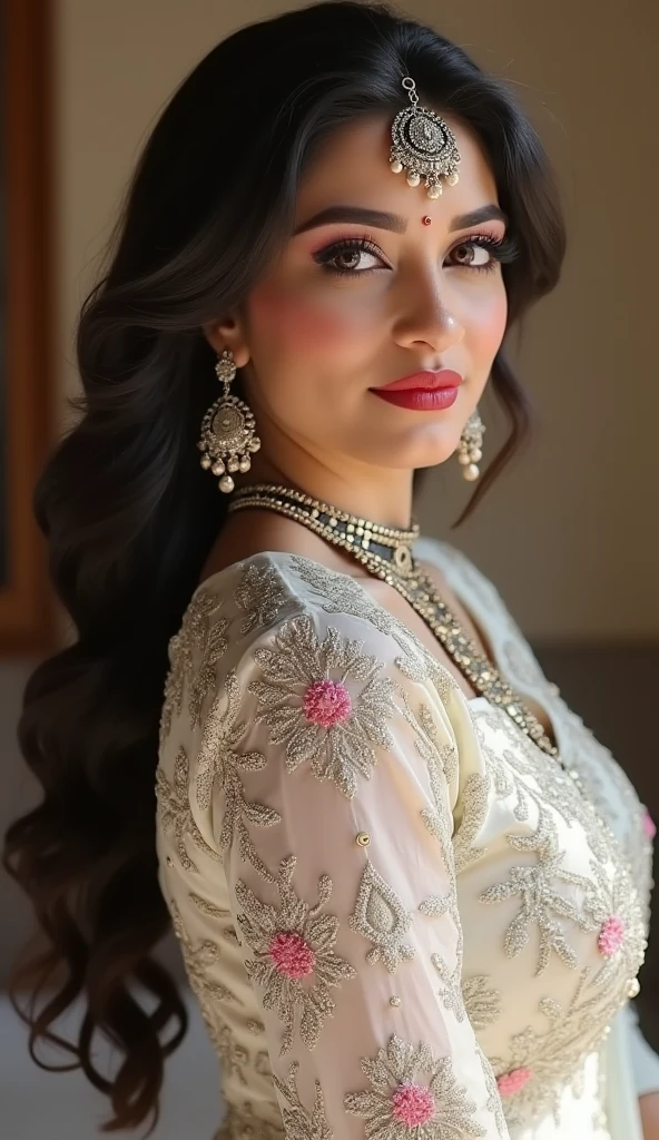 Beautiful pakistani 25 year old girl in beautiful dress, 8K, sharp image, dynamic pose, deep cleavage, super sexy