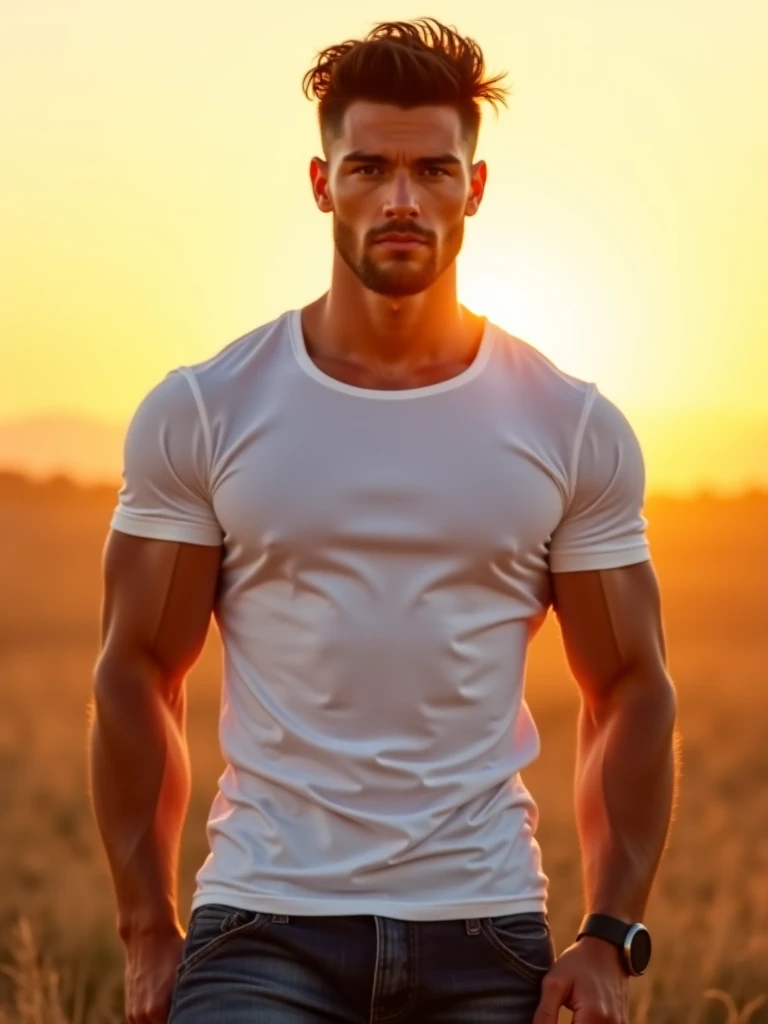 In the charming picture is a handsome Korean man 3 with his rays, white skin like a prince, the background in the sky has a big and bold sun, his charm radiates as he proudly shows off his sixpack and muscular arms in a full standing pose.. He is wearing sexy pastel colored underwear, which emphasizes his body shape, He stands in the middle of a farm environment., a big sunrise behind him, Bathed in the golden light of a beautiful day. With unmatched attention to detail., This photorealistic portrait combines the style of National Geographic., Capture every detail of his textured skin in 8k resolution. Leica digital SLR camera. His features are clearly visible., From his deep-set eagle-like eyes to his chiseled jawline., Make this image a true masterpiece.. Lift. (8K UHD、RAW Photography、Leica Digital SLR Photorealistic Portrait、Realistic image), big bulge