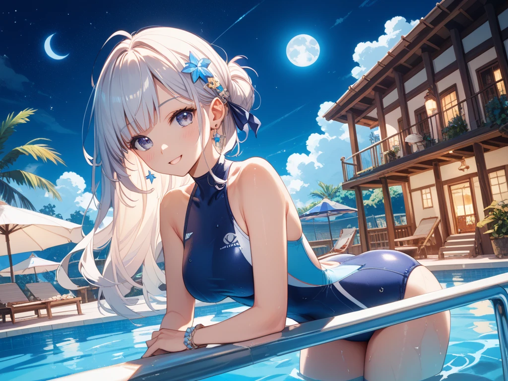 ((Best Quality)), (Ultra-detailed), ((Extremely detailed)), (Beautiful), ((Kawaii Girl)),(two side up hair),Platinum Blonde Hair,Long hair, hair between eye, Wavy Hair, Long sideburns,Jade-colored eyes, White skin,Normal Chest,Slender body,Cross Halter Bikini,Sandals,one woman,background a pool, Night, nighttime scene, Starry sky,