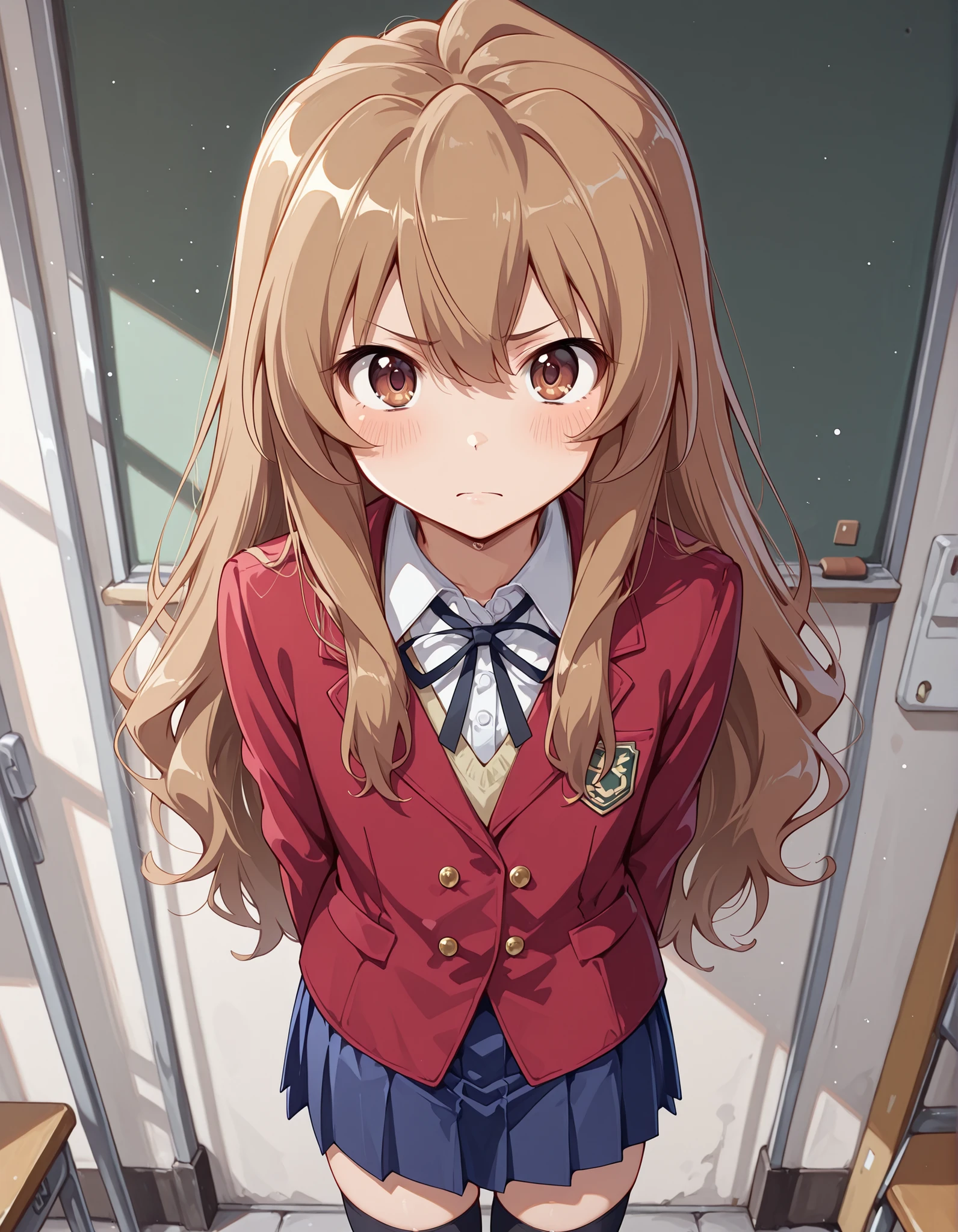 tagai, solo, Taiga Aisaka,1girl, school uniform, light brown hair, long hair, long hair, brown eyes, red jacket, blue skirt,pleated_skirt, black thighhighs,